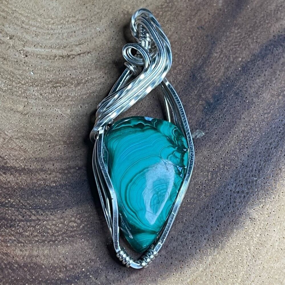 Hand crafted cold connection wire wrapped malachite pendant silver plated copper